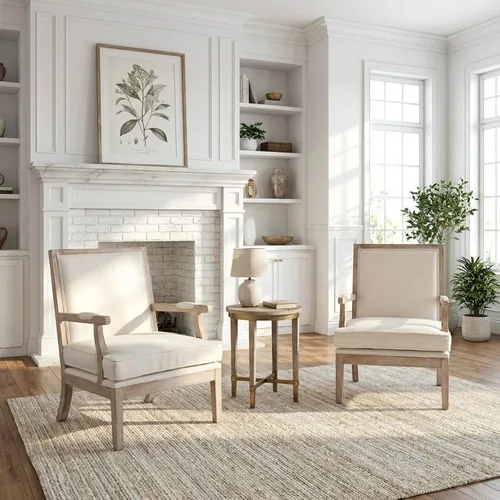 Vista 5 de Silla decorativa moderna de granja, sillón tapizado ancho de lino con reposabrazos, silla de lectura de madera maciza de campo francés para sala