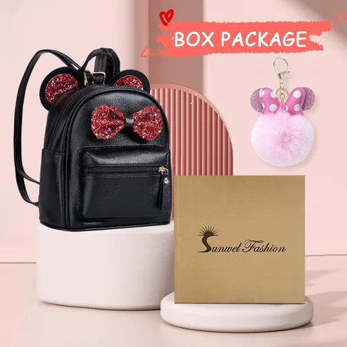 Vista 4 de Sunwel Fashion Mini mochila de viaje con orejas de ratón para niñas adolescentes con lazo de lentejuelas y pompones, Arco negrorojo, Mochila