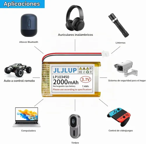 Vista 5 de Batería Lipo de 3.7 V 2000 mAh Baterías recargables de polímero de litio con cable PH 0.079 in Conector Circuito de protección integrado