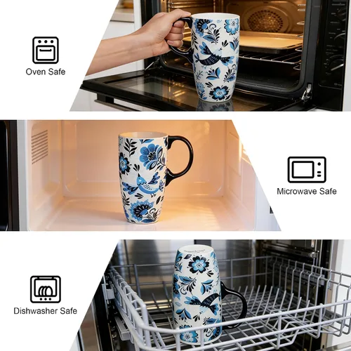 Vista 4 de Topadorn Taza de Café de Cerámica de Viaje con Tapa y Caja de Color, 17oz Termo de Café Apto para Microondas y Lavavajillas, Pájaro Azul
