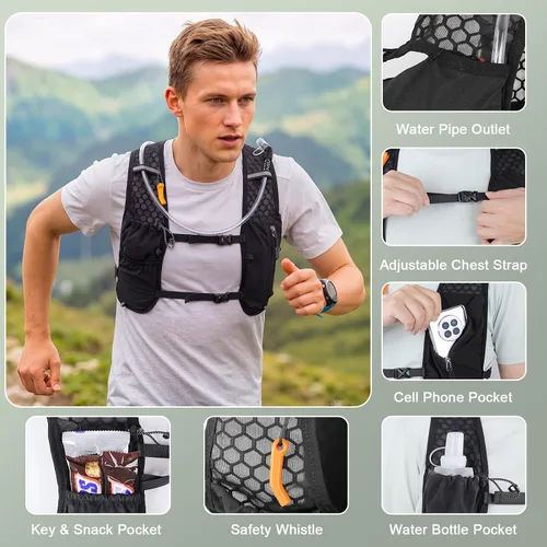 Vista 3 de KUYOU Running Vest for Women & Men, Lightweight Hydration Backpack with 2L Water Bladder, Water Backpack for Trail Running, Hiking, Cycling & Negro
