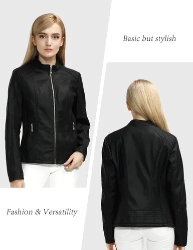 Vista 4 de Giolshon - Chaqueta corta estilo casual de piel sintética para mujer, abrigo para primavera, otoño e invierno
