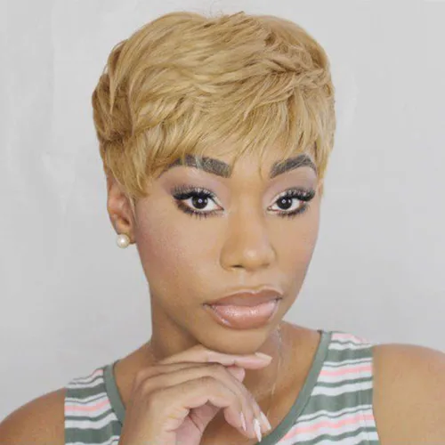 Vista 2 de Pelucas Honey Blonde sin pegamento para usar y quitar, pelucas de cabello humano cortas con corte Pixie para mujeres, peluca de cabello humano corta