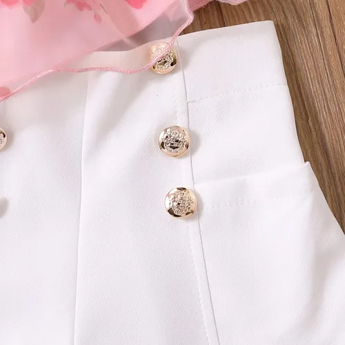Vista 5 de Conjunto de 2 piezas de ropa de verano para niños y niñas pequeñas, con hombros descubiertos, con volantes, pantalones cortos de mezclilla rasgados