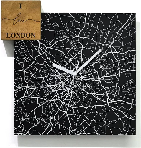 Vista 44 de Modern Wall Clock - Black Aluminum with Silver Fiber Laser Engraving - Square - Contemporary Design - Personalized City Map - Home Town - Location