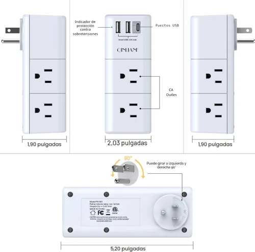 Vista 7 de QINLIANF - Extensor de tomacorrientes USB y protector contra sobrecargas, enchufe giratorio, tira de alimentación giratoria de 3 lados, divisor de 6