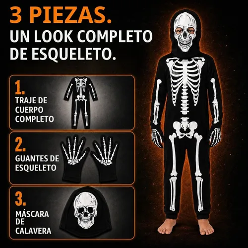 Vista 7 de #followme Disfraz de esqueleto de Halloween para niños, juego de 3 piezas Esqueleto con máscara