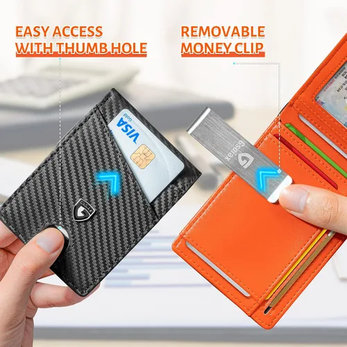Vista 5 de GSOIAX Billeteras para hombre con bloqueo RFID, delgadas y plegables para hombre, minimalista, cuero auténtico, fibra de carbono, clip para dinero