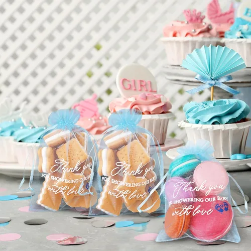 Vista 3 de Jspupifip 100 bolsas de regalo de agradecimiento para bebé, bolsas azules de 4 x 6 pulgadas, organza transparente, a granel para invitados