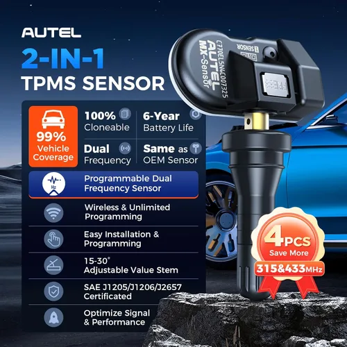 Vista 2 de Autel TPMS - Juego de 4 sensores MX-Sensor 2 en 1, 315 MHz+433 MHz, vástago de goma universal programado por TS408 TS508 WF TS601 TS608 MK808TS