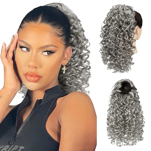 Vista 26 de PEACOCO Extensión de cola de caballo rizada con cordón para mujeres negras - Cola de caballo de 6 pulgadas con clip, postizo sintético de afro corto