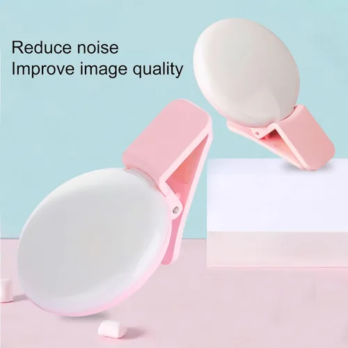 Vista 4 de Luz LED para selfie con clip, 3 niveles de luz ajustable, iluminación flash USB recargable para selfies, grabación de video, maquillaje rosa