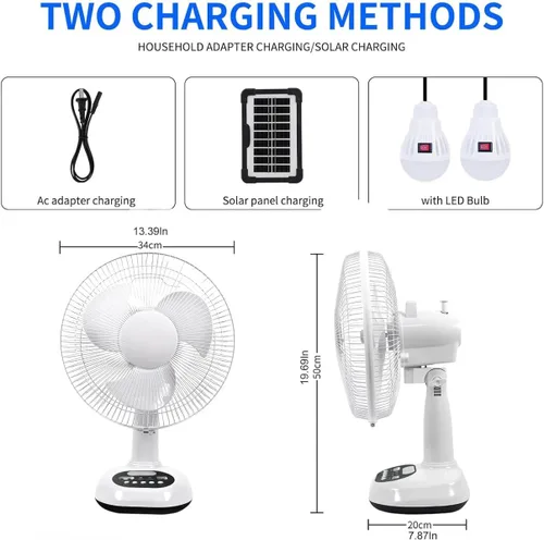 Vista 4 de Ventilador recargable VENTO con panel solar, puerto USB, luz LED nocturna y 2 bombillas gratis. Refrigeración ecológica