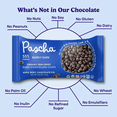 Vista 4 de Pascha Chips de chocolate negro semidulce orgánico con 55% de cacao, chips para hornear a granel, chocolate vegano suave para hornear, sin alérgenos