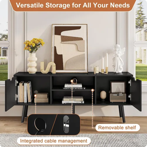 Vista 3 de ALINE FURNITURE - Soporte de TV negro para televisores de 50, 55, 60+ pulgadas - Consola multimedia con 2 gabinetes y estantes abiertos, patas