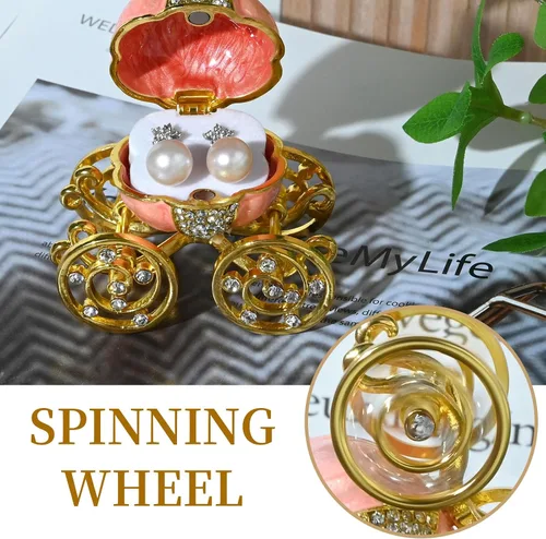 Vista 7 de Caja de joyería de carro de calabaza de diamante de plata, carro de calabaza de Cenicienta decorativo con bisagras caja de baratija de joyería