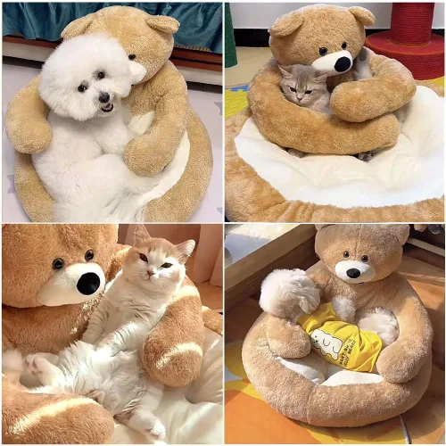 Vista 6 de Linda cama para perros y gatos con diseño de oso abrazo, camas de felpa para mascotas, camas cálidas y suaves para perros con funda extraíble