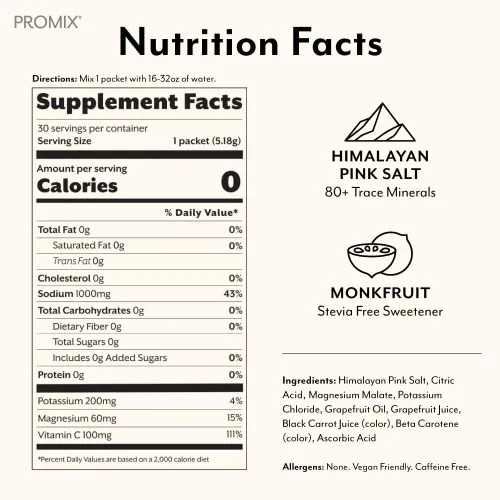 Vista 2 de ProMix Nutrition Paquetes de hidratación en polvo de electrolitos Sal rosa del Himalaya, magnesio, potasio, vitamina C Sin azúcar, 30