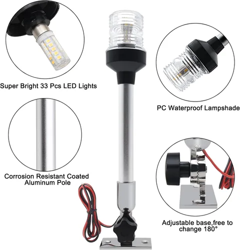Vista 4 de Geloo Luces de navegación marinas de 12 pulgadas, prenda impermeable IP67 de la luz de popa del barco Luces de anclaje, luces marinas LED blancas
