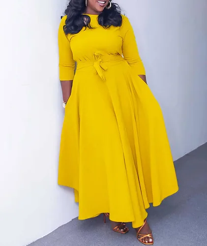 Vista 2 de SEMATOMALA Vestido largo acampanado para mujer, con lazo en la cintura, cuello redondo, manga 34, cintura alta, talla grande, acampanado