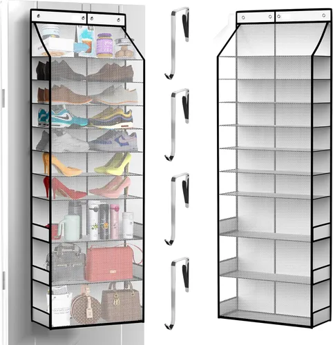 Vista 13 de PAULONE Organizador multiusos de 10 bolsillos para colocar sobre la puerta, capacidad resistente de 95 libras con malla transpirable, almacenamiento