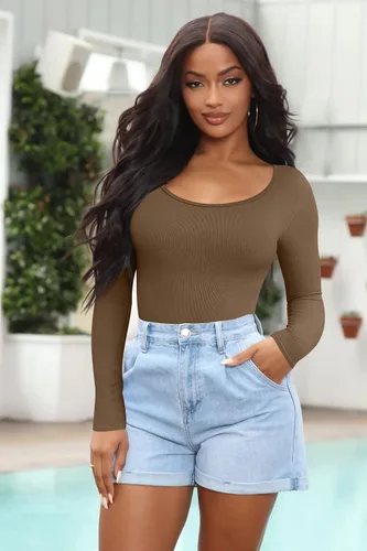 Vista 5 de GXIN Body sexy de 2 piezas para mujer, con cuello redondo, manga larga, bodysuits