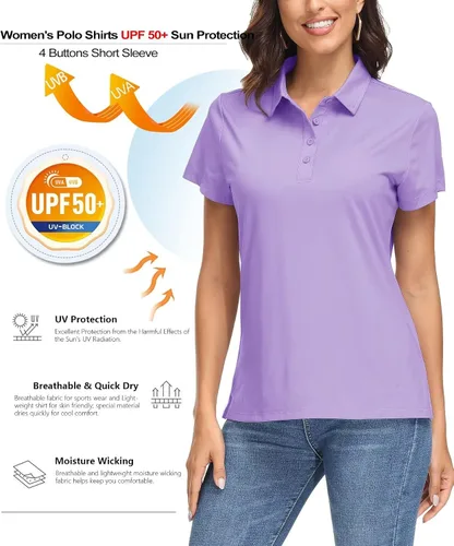 Vista 3 de MAGCOMSEN Polo para mujer UPF 50+, protección solar, 4 botones, casual, trabajo, secado rápido, manga corta, cuello de golf
