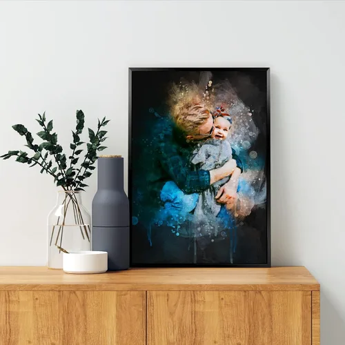 Vista 2 de Awesometik Retrato personalizado Ilustración de acuarela personalizada Padre e hija Acuarela con fondo oscuro Impresión en lienzo Regalo del Día