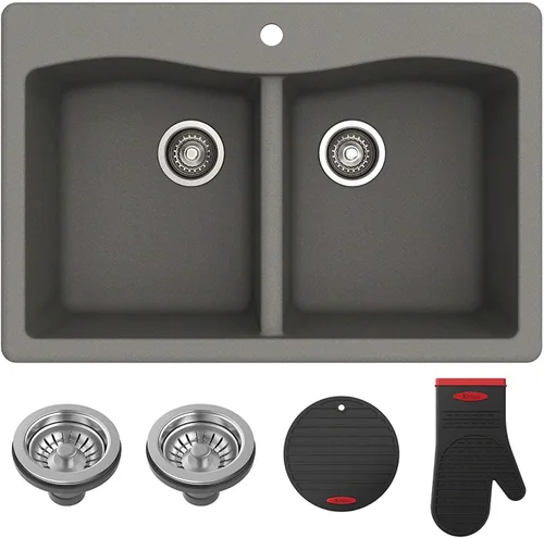 Vista 21 de Kraus Forteza - Fregadero de cocina de doble seno 50/50 de granito de instalación empotrada/sobre encimera, 33 pulgadas, color negro (KGD-52BLACK)