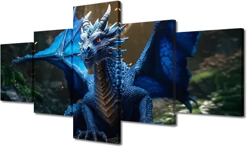 Vista 28 de Lienzo decorativo para pared de sala de estar, lienzo de dragón, 5 paneles, dragón verde, decoración de pared para el hogar, decoración de pared