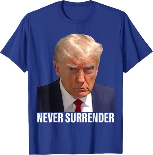 Vista 21 de Camiseta Pro Trump Mugshot Never Surrender para hombre y mujer, Negro