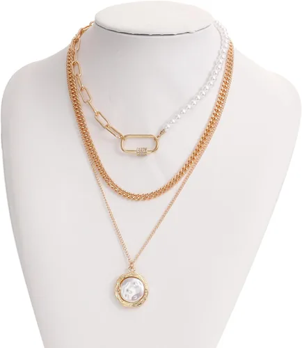 Vista 4 de Octwine Delicado collar de capas multicapa, gargantilla escalonada multicapa ajustable, collar con dije de perlas para mujeres y niñas (corazón)