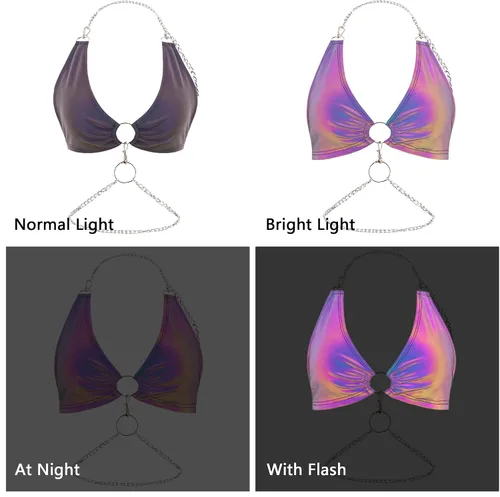 Vista 5 de Testudineus Camiseta sin mangas reflectante para mujer, diseño metálico brillante con cremallera en la espalda, traje de festival y rave
