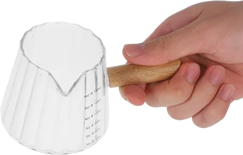 Vista 6 de Kichvoe Vaso de chupito de espresso de 6 onzas con mango de madera, jarra triple de vidrio de borosilicato con escala, vasos de chupito de espresso