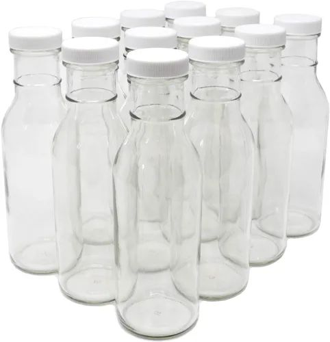 Vista 6 de nicebottles Botellas de vidrio transparente para bebidas/salsas, 12 onzas, tapas negras, caja de 12