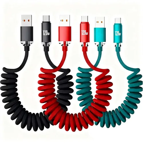 Vista 5 de Cable de carga USB C corto en espiral, paquete de 3 cables de datos trenzados de nailon retráctil de 120 W, cable de carga rápida de resorte