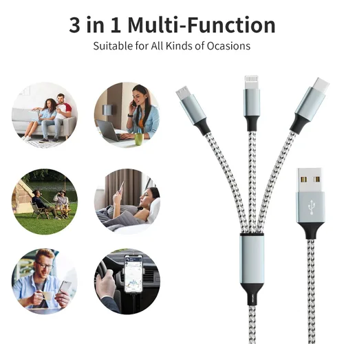 Vista 7 de Cable de carga múltiple (paquete de 2 de 4 pies), cable de carga múltiple de nailon trenzado para múltiples dispositivos, cable de carga 3 en 1