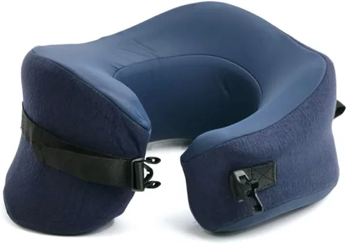 Vista 11 de C CUSHION LAB Almohada de viaje, galardonado diseño ergonómico patentado para mentón y cuello, almohada de espuma viscoelástica para el cuello Azul