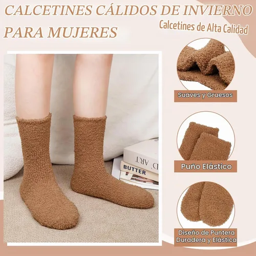 Vista 4 de YSense Calcetines mullidos y mullidos para mujer, 6 pares, calcetines de Negro Marrón Blanco Caqui