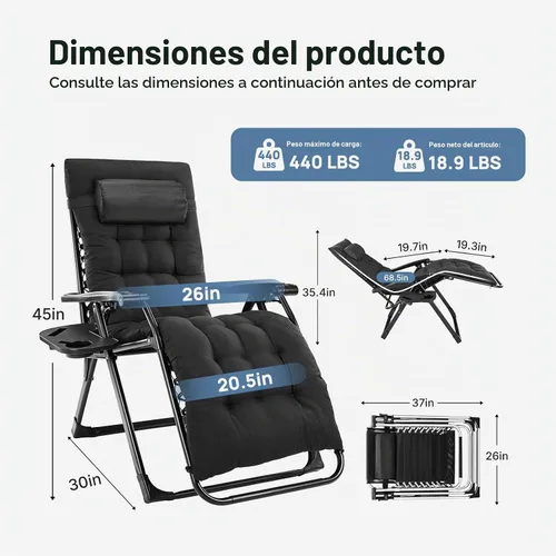 Vista 2 de DUMOS Silla de gravedad cero, silla de descanso para exteriores con bandeja Negro