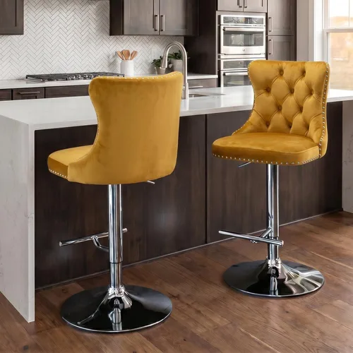 Vista 106 de SoarFlash Juego de 2 taburetes de bar tapizados de terciopelo moderno con patas de madera, botones acolchados, cabeza de clavo cromada, asiento