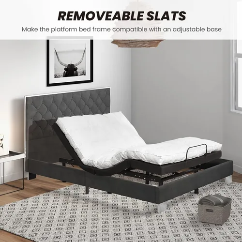 Vista 7 de Giantex Base de cama tapizada, plataforma moderna con cabecera de terciopelo capitoné con botones, marco de cama tamaño matrimonial, base de colchón