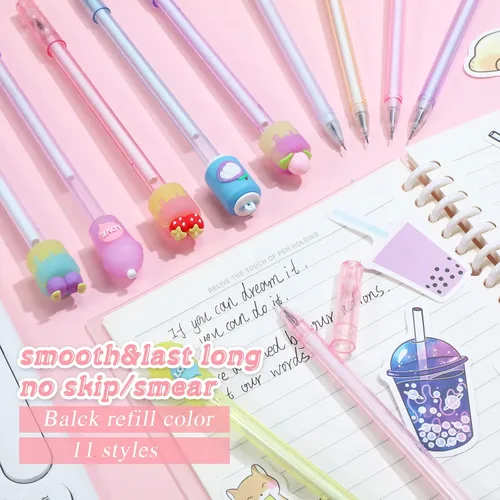 Vista 4 de Sabary Kawaii - Juego de papelería – Bolsa telescópica para lápices Boba, lápiz de tinta de gel, resaltador de píldoras de té de burbujas