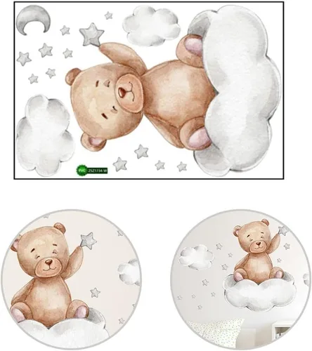 Vista 6 de Enfudid - 2 calcomanías de pared de oso de peluche durmiendo en la luna y estrellas para habitación de niños, habitación de bebé, habitación