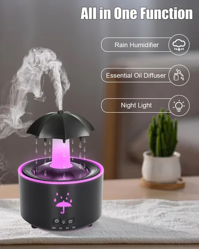 Vista 7 de Humidificador estético 2 en 1 difusor de aceite con gota de lluvia giratoria y 7 luces LED de estado de ánimo, humidificador de niebla fría