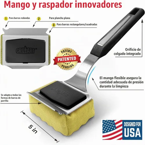 Vista 4 de GRILLART Cepillo de parrilla sin cerdas. Cabezal de limpieza reemplazable para barbacoa, herramientas raspadoras de ajuste perfecto para parrillas