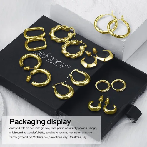 Vista 6 de 8-10 Pairs Delicate Gold Silver Hoop Earrings Set for Women, 14K Gold Plated Lightweight Hypoallergenic Thick Open Twisted Huggie Earrings for girls