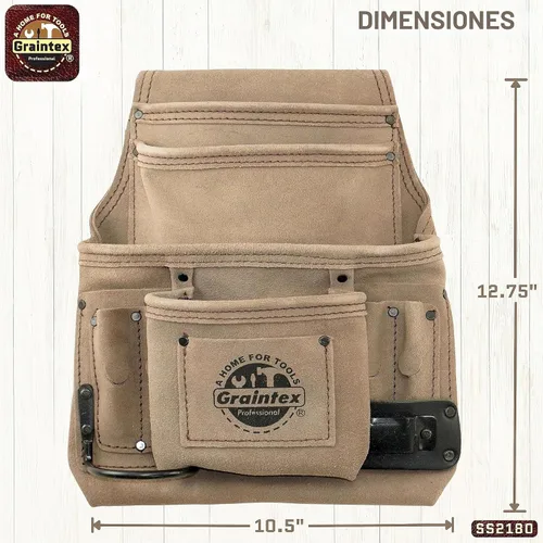 Vista 3 de Graintex Bolsa para clavos y herramientas de 10 bolsillos, bolsa de herramientas de cuero de gamuza, cinturón de herramientas para constructores