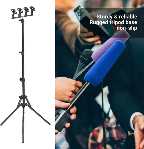 Vista 3 de Gugxiom Soporte de piso para 4 micrófonos, soporte de micrófono ajustable de aluminio, con trípode plegable, para transmisión, podcasting, grabación