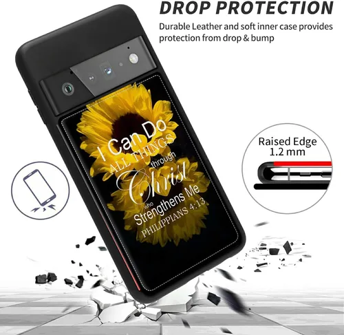 Vista 3 de Funda para Google Pixel 6 Pro con ranura para tarjetero, funda de piel sintética, doble cierre magnético y cubierta duradera de poliuretano girasol